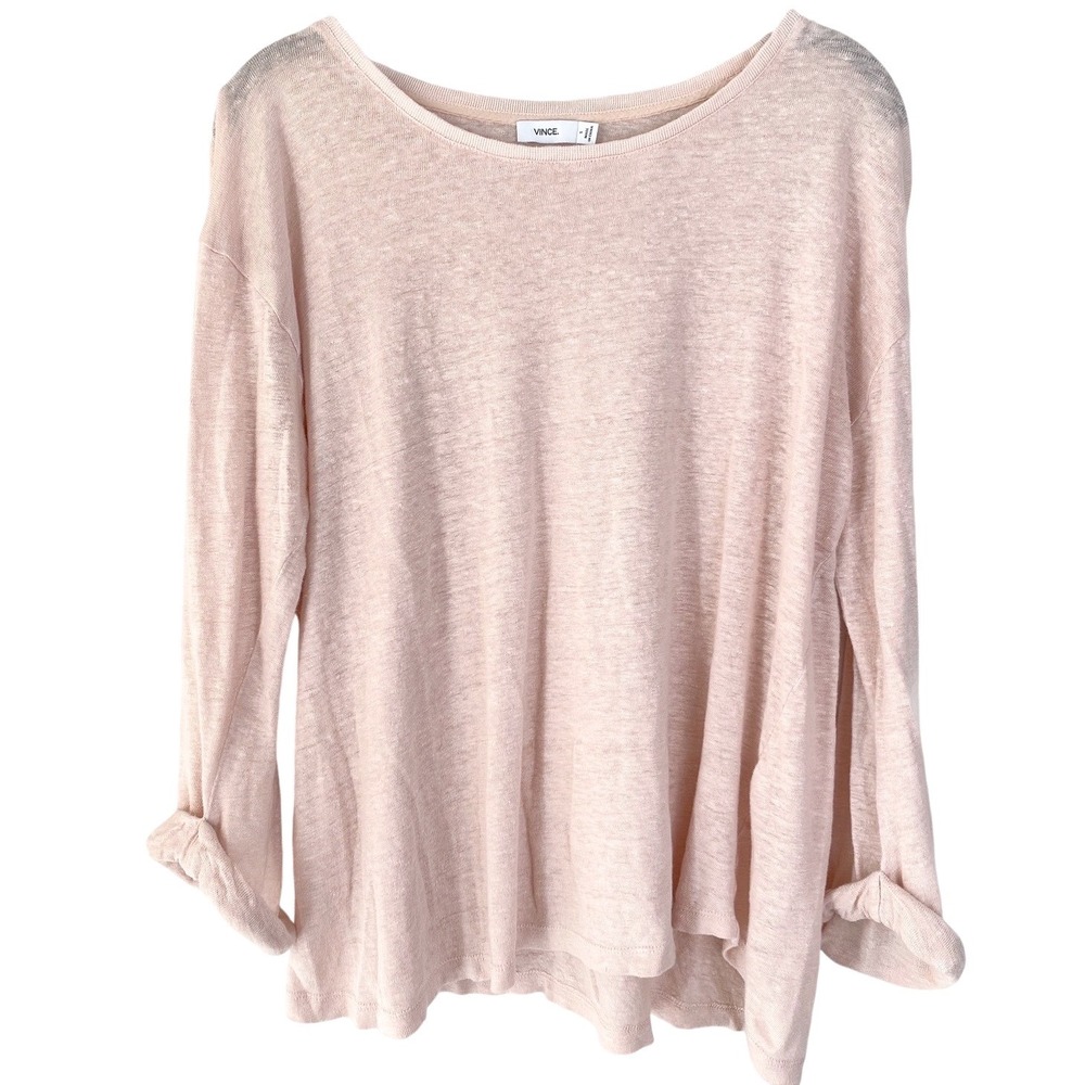 Vince 100% Linen Sweater Top S Pink Roll Sleeve Quiet Luxury Minimalist Pastel